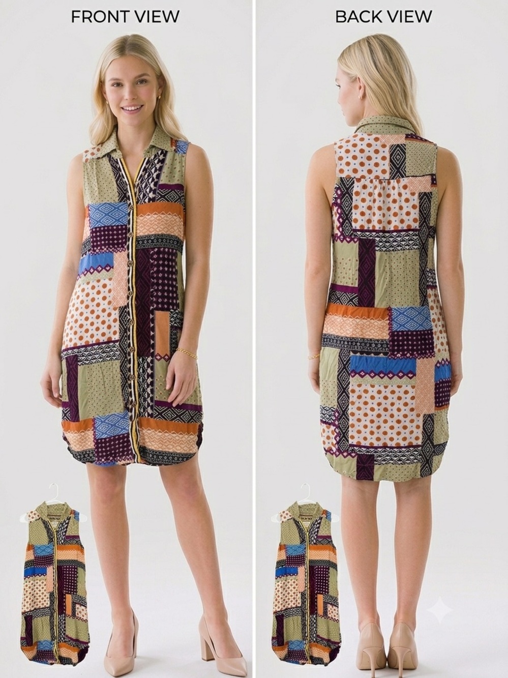 Anthropologie Patchwork Sleeveless Shirt Dress in Olive, Navy, Orange, Blue